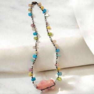 Vintage Pastel Multi Semi Precious Stone Necklace Rhodonite Healing Crystals
